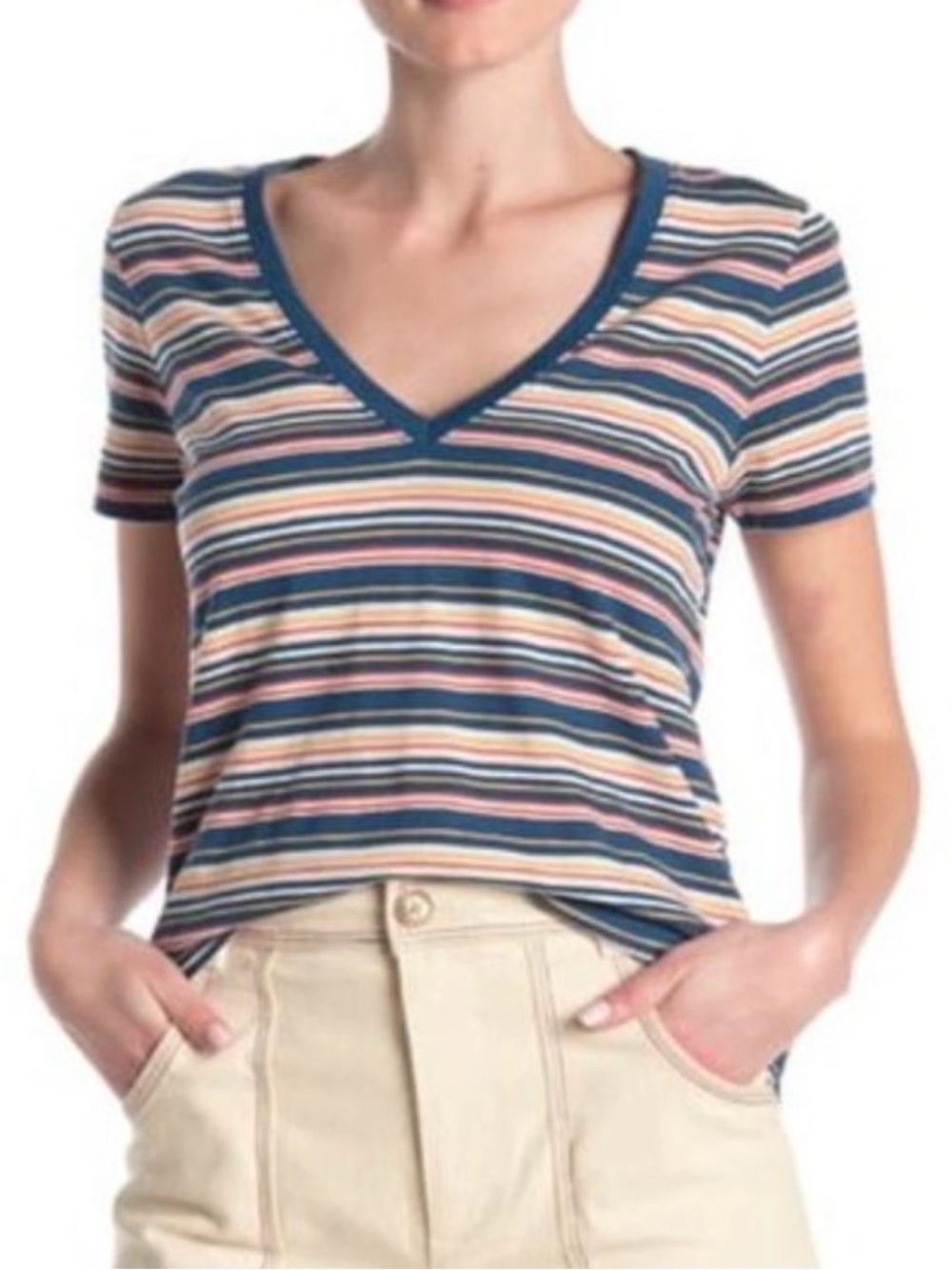 Madewell Striped V-Neck Tee in Navy, Cream, Pink